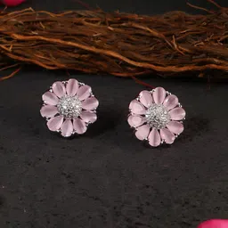 Adwitiya Collection Pink & Silver-Plated Classic Flower Studs Earrings-image-35