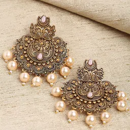 KARATCART Women Pink And Gold Toned Gold Plated Floral Design Pearl Classic Drop Earrings-image-52