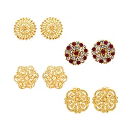 Vighnaharta Pack Of 4 Floral Gold-Plated Studs Earrings-image-35
