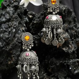 Sangria Silver-Plated Stone-Studded Jhumka-68