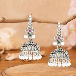 Adwitiya Collection Silver-Plated Peacock Shaped Jhumkas-24