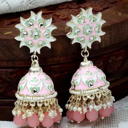 ZENEME Gold-Plated Dome Shaped Kundan Studded Jhumkas-12