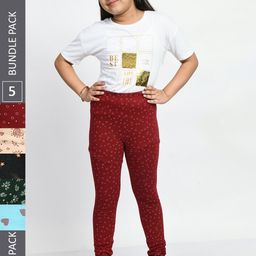 BAESD Girls Pack Of 5 Allover Printed Pure Cotton Super Soft Churidar-Length Leggings-image-14