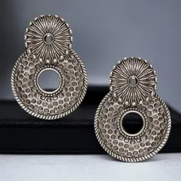 Sangria Silver-Toned Stones Studded Circular Oxidised Drop Earrings-image-68