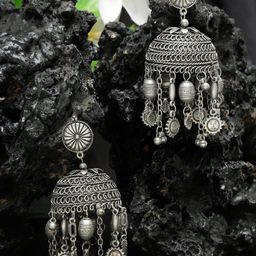 Sangria Silver-Plated Dome Shaped Jhumkas Earrings-9