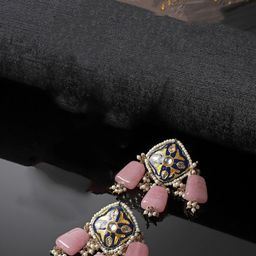 DUGRISTYLE Gold-Plated Kundan Studded Contemporary Drop Earrings-3