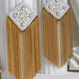 Moedbuille Gold Plated Crystals & Beads Antique Contemporary Tasselled Earrings-image-0
