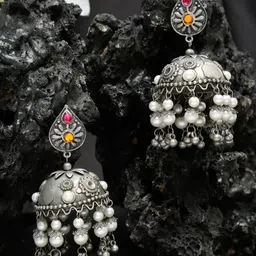 Sangria Silver-Plated Stone Studded Contemporary Jhumka Earrings-13