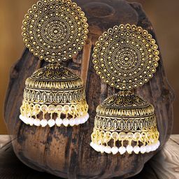 MEENAZ Gold-Plated 22kt Gold Oxidised Meenakari Pearls Contemporary Jhumkas-17