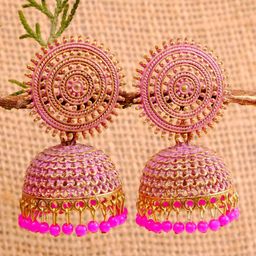 Crunchy Fashion Gold Plated Pink Dome Shaped Jhumkas Earrings-26