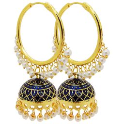 FEMMIBELLA Gold-Plated Pearls Studded Navy Blue Enamelled Classic Jhumkas Earrings-37