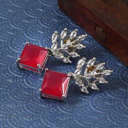Jewar Mandi Silver Plated Leaf Shaped Cubic Zirconia Drop Earrings-12