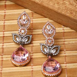 ZENEME Rose Gold-Plated American Diamond Studded Drop Earrings-53