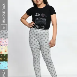 BAESD Girls Pack Of 5 Conversational Printed Pure Cotton Churidar-Length Leggings-image-11