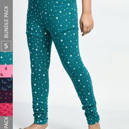 BAESD Girls Pack Of 5 Printed Pure Cotton Super Soft Churidar-Length Leggings-image-79