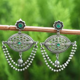 Sangria Silver-Plated Artificial Stones-Studded Oxidised Drop Earrings-12
