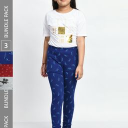 BAESD Girls Pack Of 3 Allover Printed Super Soft Pure Cotton Churidar-Length Leggings-image-37