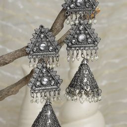 Moedbuille Gunmetal-Toned Dome Shaped Jhumkas Earrings-image-20