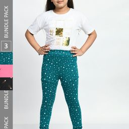 BAESD Girls Pack Of 3 Allover Printed Super Soft Pure Cotton Churidar-Length Leggings-image-35