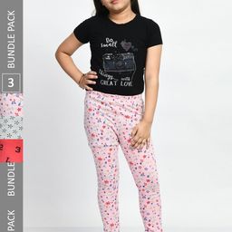BAESD Girls Pack Of 3 Printed Super Soft Pure Cotton Churidar-Length Leggings-image-79