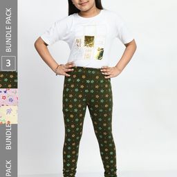BAESD Girls Pack Of 3 Printed Pure Cotton Churidar Length Leggings-image-121