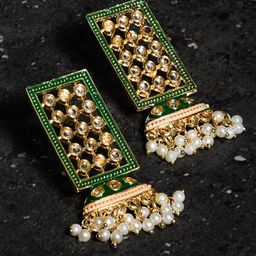 Fida Gold Plated Contemporary Kundan Studded Drop Earrings-image-43