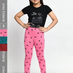 BAESD Girls Pack Of 3 Allover Printed Super Soft Pure Cotton Churidar-Length Leggings-image-33