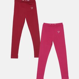 TWIN BIRDS Girls Pack Of 2 Red & Pink Solid Pure Cotton Tailored-Fit Ankle-Length Leggings-image-61