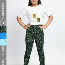 BAESD Girls Pack Of 3 Conversational Printed Pure Cotton Churidar-Length Leggings-image-12