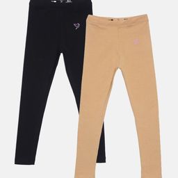 TWIN BIRDS Girls Pack Of 2 Beige & Black Pure Cotton Tailored-Fit Ankle-Length Leggings-picture-45