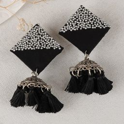 TEEJH Samreen Silver-Plated Oxidised Contemporary Tassel Jhumkas Earrings-18