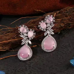 Adwitiya Collection Silver-Plated Pink & White American Diamond Stone Drop Earrings-picture-47