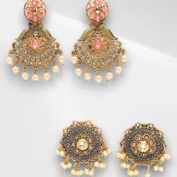 ADIVA Set Of 2 Gold-Plated Stone-Studded & Beaded Brass Classic Antique Drop Earrings-12
