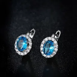 Yellow Chimes Woman Blue Oval Swarovski Crystal Clip On Earrings-49