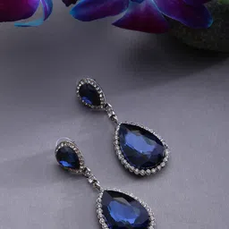 SOHI Navy Blue & Silver Toned Teardrop Shaped Drop Earrings-17