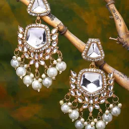 ZENEME Gold Plated Kundan Studded Drop Earrings-image-55