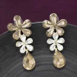 PRIVIU Rose Gold-Plated Crystals Studded Floral Drop Earrings-15