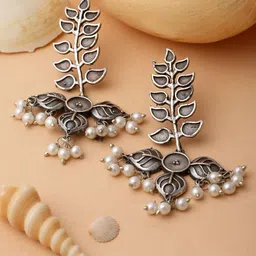 PANASH Silver-Plated Pearls Oxidised Leaf Shaped Drop Earrings-9