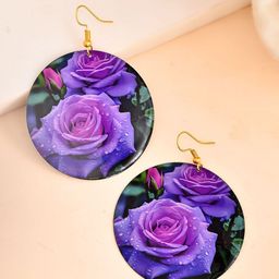 Silvermerc Designs Purple Rose Printed Gold Plated Leaf Shaped Drop Earrings-image-66