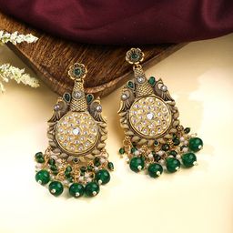 Yellow Chimes Gold-Plated Kundan-Studded Peacock Shape Drop Earrings-9