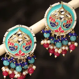 OOMPH Kundan-Studded Meenakari Peacock Shaped Drop Earrings-image-19