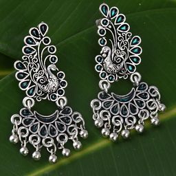 FIROZA Silver-Toned & Green Oxidised Peacock Shaped Drop Earrings-picture-49
