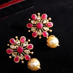 PANASH Pink Gold-Plated Floral Handcrafted Kundan Drop Earrings-11