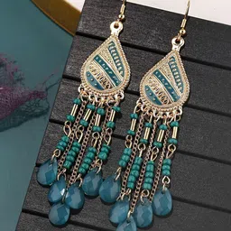 Yellow Chimes Blue Beaded Boho Drop Dangler Earrings-image-31