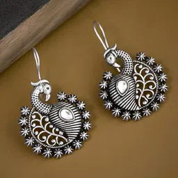 ATIBELLE Silver-Plated Stone Studded Peacock Shaped Drop Earrings-60