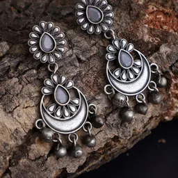 VENI Silver-Toned & Grey Silver Plated Contemporary Drop Earrings-9