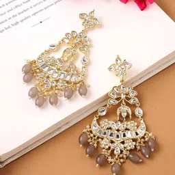 Yellow Chimes Women Gold-Toned & Grey Studded Kundan Beads Long Dangler Earrings-image-35