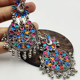 DEGHLAM Silver-Plated German Silver Artificial Stones And Beads Studded Drop Earrings-15