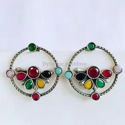 DEGHLAM Silver-Plated Artificial Stones Studded Oxidised Circular Drop Earrings-9