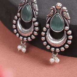 DEGHLAM German Silver-Plated Artifical Stone Studded Crescent Shaped Oxidised Chandbalis-4